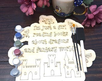 Kit de pintura de libros para hacer tú mismo, kit de pintura de dragones de fantasía para artesanos, kit para una noche de manualidades, regalo para un evento del club de lectura, letrero de estantería artesanal para amantes de los libros.