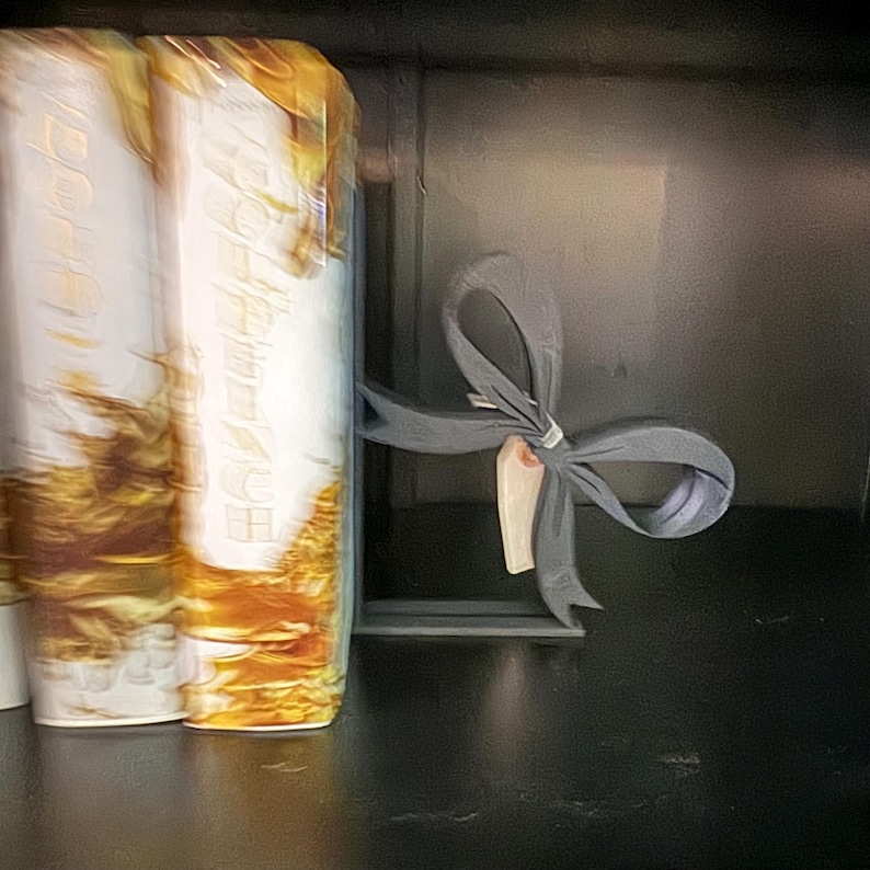 Puede incluir: Un sujetalibros de metal gris con forma de lazo, que sostiene libros con un dise&ntilde;o dorado y blanco. El sujetalibros tiene una peque&ntilde;a etiqueta adjunta. Los libros est&aacute;n sobre una superficie negra.