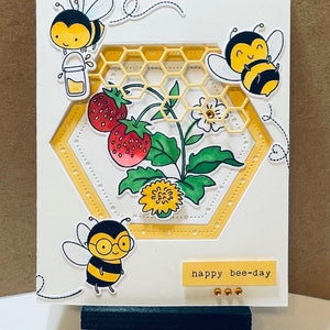 Happy Bee-Day card - Bee Birthday card - Honeycomb Birthday card - Homemade Birthday card - Strawberry Birthday card