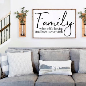 Familie wo Liebe beginnt und Liebe endet nie Zeichen, Familienschild, Holz Familiendekor, Familiendekor, Hochzeitsgeschenk, Bauernhausschild, Holzschild