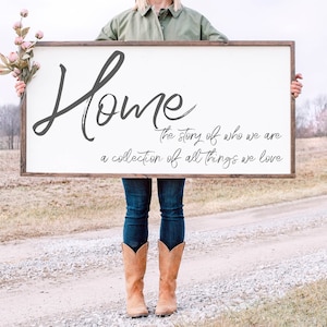 Home The Story of Who We Are A Collection of All Things We Love, Home Story Family Sign, Wedding Gift, Farmhouse Sign, Wooden Sign
