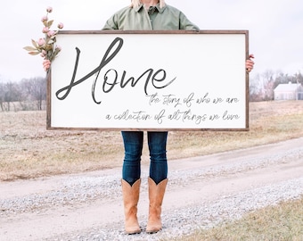 Home The Story of Who We Are A Collection of All Things We Love, Home Story Family Sign, Wedding Gift, Farmhouse Sign, Wooden Sign