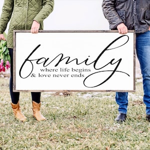 Familie wo das Leben beginnt Zeichen, Familienschild, Familienwanddekor, Hochzeitsgeschenk, Jahrestag Zeichen, Bauernhaus Zeichen Holzschild