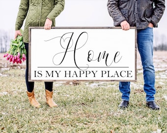 Home Is My Happy Place Sign, Family Sign, Family Wall Decor, Wedding Gift, Anniversary Sign, Farmhouse Sign Wooden Sign