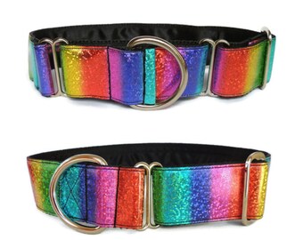 1.5 inch Martingale Collar or 1.5 inch Walking Collar (single-loop). Sighthounds, greyhound, lurcher, whippet, saluki. Shiny Glitter Rainbow