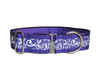 Collar martingala de 1.5 pulgadas o collar para caminar de 1.5 pulgadas (de un solo bucle). Sighthounds - galgo, lurcher, whippet, saluki. Remolinos púrpura