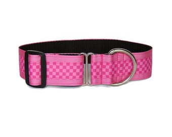 Collar de paseo diario para lebreles de 3,8 cm (una sola vuelta): galgo, galgo americano, whippet y saluki. Cuadros rosas.