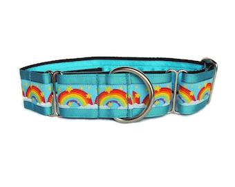 Collar martingala de 1.5 pulgadas o collar para caminar de 1.5 pulgadas (de un solo bucle). Sighthounds - galgo, lurcher, whippet, saluki. ¡Arco iris!