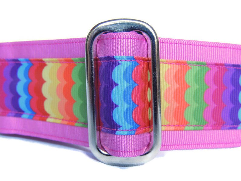 lurcher greyhound whippet Lined adjustable Rainbow Waves Handmade dog collar 1.5 inch Martingale Clip Single-Loop