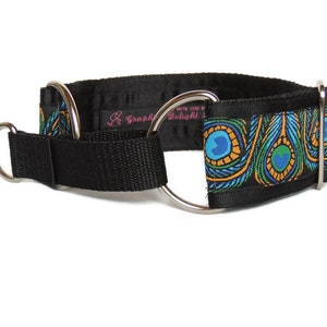 Half martingale dog collar. 2 inch, greyhound, lurcher, whippet, saluki. Luxury, lined for comfort and adjustable. Art Deco Peacock