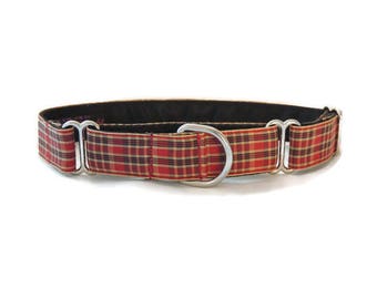 Collar Martingale de 1 pulgada o Collar de casa de 1 pulgada o Collar clip de 1 pulgada. Greyhound, lurcher, whippet, saluki. Tartán rojo a cuadros