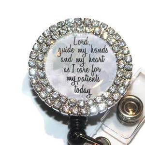 Nurse&#39;s Prayer Retractable Badge Reel Double Rhinestone Setting- Blue Floral - RN  - ID Badge - Christian Badge Reel - Cute ID Badge Reel