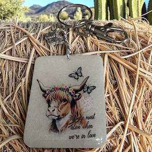 Highland Cow Keyring with Quote & Silver Butterfly Charm | Cute Cow Purse or Backpack Gift