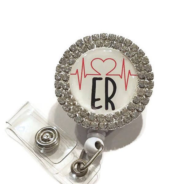 ER Retractable Rhinestone Badge Reel - Emergency Room RN - ER Doctor - Work Id Holders - Emergency Room  Tech Heart Rythym