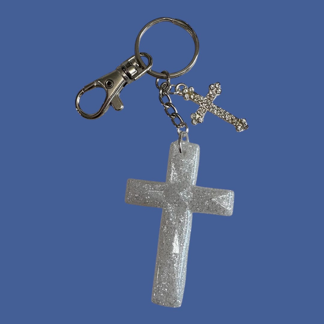 Metallic White Christian Cross Keyring With Rhinestone Heart Charm ...