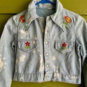 1970s Embroidered Denim Jacket: Hippie Mushrooms, Ladybugs, Flowers, Teen Size