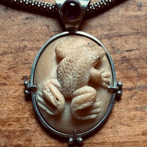 Witchy Handcarved OOAK Bone Frog and .925 Silver Pendant with Amethyst Cabochon and 18” .925 Textured Silver Chain