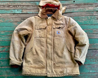 Thrashed Vintage Carhartt 90s or Earlier Classic Blonde Canvas Insulated Jacket With Removable Hood Size Large Etsy
