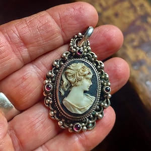 Large Goth Romance Black and White Cameo Pendant in Ornate .925 Sterling Silver Setting With Garnet Accents