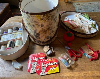 1950s Floral Fabric Sewing Caddy with Vintage Notions