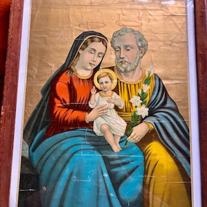 Beautiful Antique 19th Century Holy Family Chromolithograph Print in Shabby Antique Wooden Frame