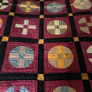 Antik 1800-talslapptäcke med vagnhjulsmönster, handgjord, handquiltad, tvillingsize-täcke