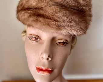 True Vintage 1960s  Genuine Mink Fur Pillbox Style Hat