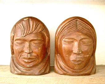 Vintage Folk Art Man and Women Hand Carved Hardwood  Bookends