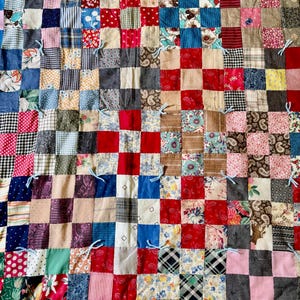 Vintage Appalachian Nine Patch Pattern Hand Patched and Hand Tied Folk Art Full Size Quilt