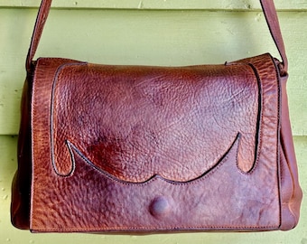 ヴィンテージ、手作りレザーショルダーバッグ、ダークブラウン