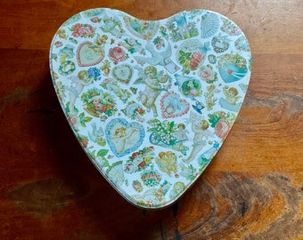 Vintage Lithographed Tin Valentine’s Day Heart Shaped Candy Box / Romance Core Box/ Hearts, Flowers and Cupids Tin Box/ Valentines Day Gifts