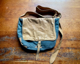 Wonderful Vintage Flannel Lined Leather and Canvas Satchel/ Messenger Bag made in Maine by David Wood Clothiers