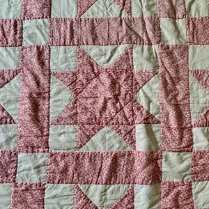 Vintage Acht-Punkte-Stern Handgemachte Kaliko und Musselin Patchwork Queen-Size-Quilt