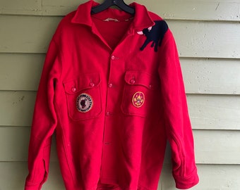 Vintage 1950s Red Wool Work Shirt, BSA Patches, Felt Applique (Size 42)