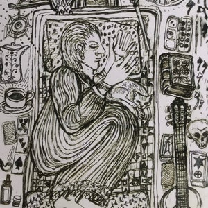 May include: Black and white illustration of a person in a room with various objects. An owl, a guitar, a skull, a book, and playing cards are visible. The person is sitting on a patterned surface with a cat.