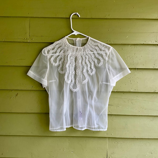 1940s-50s Sexy Pin Up Girl Transparent See Thru Super Sheer Frilly Blouse