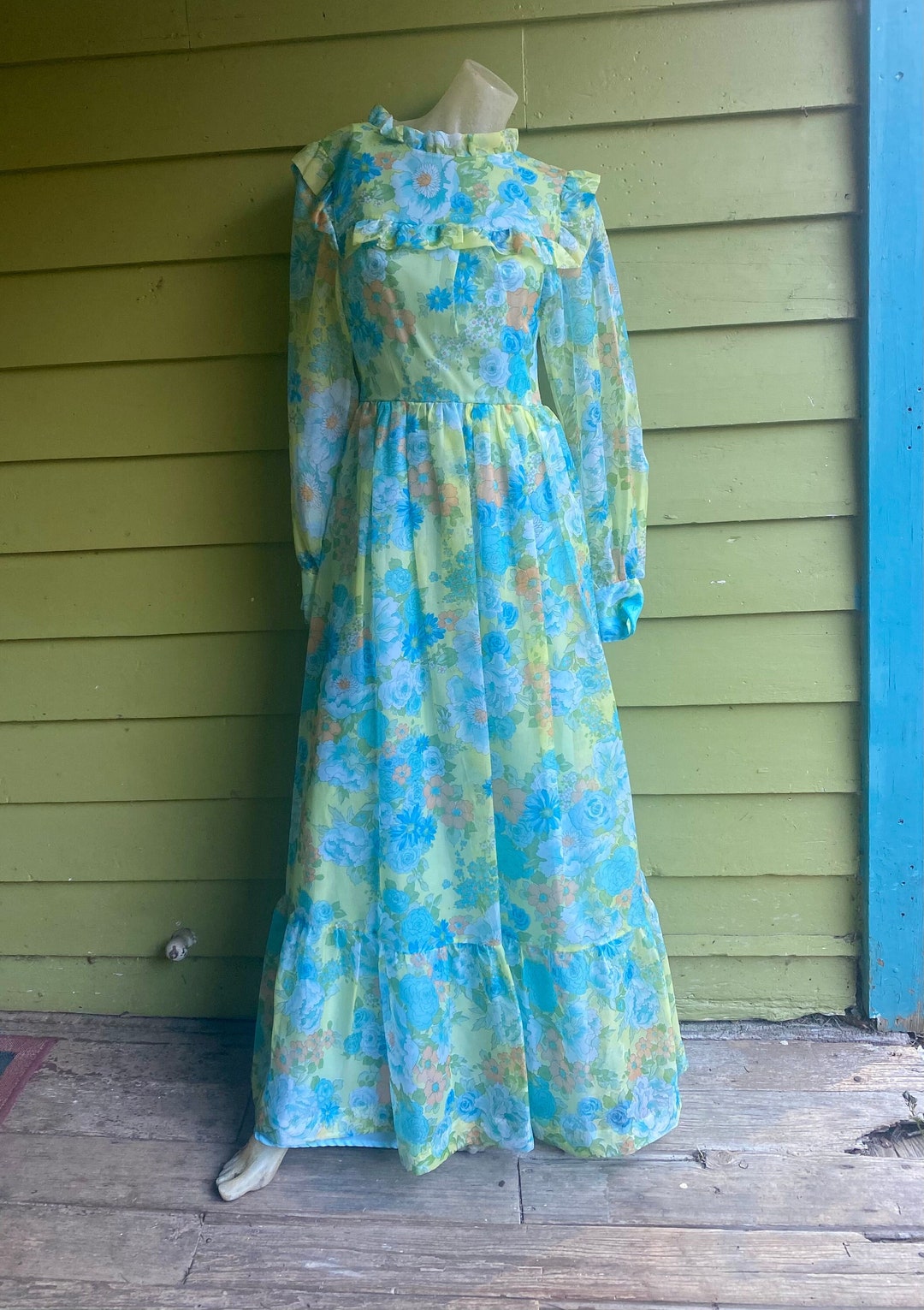 1970s Handmade Old Time Country Music Star Sheer Floral Maxi Dress 