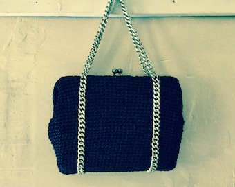 Vintage negro Raffia bolsa con manijas de cadena Silvertone hecho en Japón