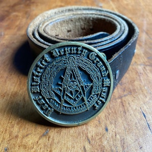 Vintage Brass Freemasonry Mason’ Lodge Past District Deputy Grand Master Brass Belt Buckle With Leather Belt