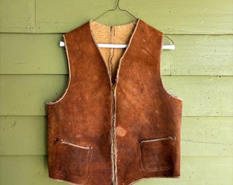 RARO gilet in pelle di pecora invecchiata, epoca della depressione anni '30-'40, taglia piccola da uomo