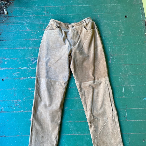 Vintage Suede Y2K Light Brown or Beige Leather Jeans Style Women’s Pants Size 10 petite