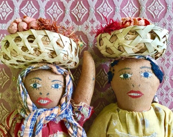 Pair Of Vintage Handmade Folk Art Hatian or South American Dolls