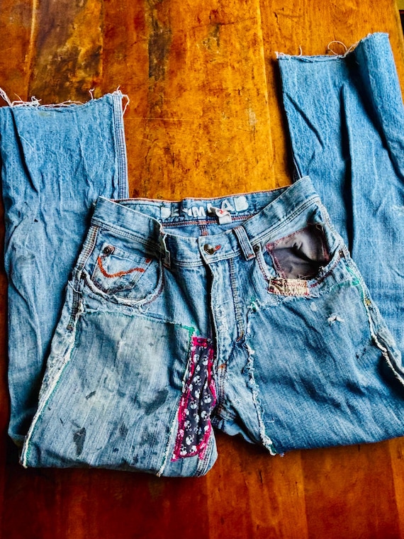 OOAK Hand Patched Thrashed Y2K Denim Lab Boot Cut Jeans  30 x 29