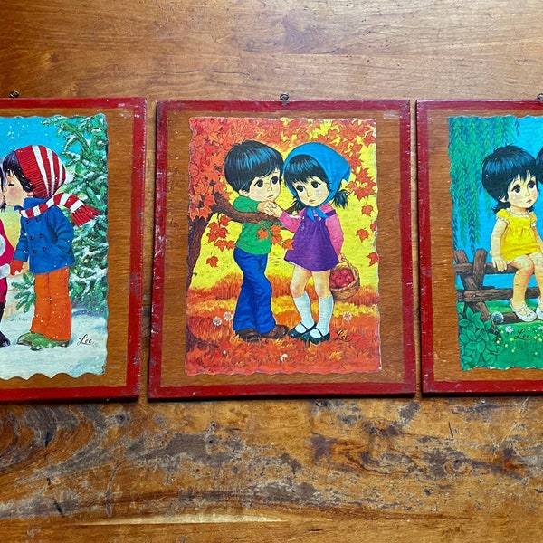 Set of 3 1970s Big Eye Paintings by Lee Prints Decoupaged Onto Painted Plywood Boards Ready to Hang/ Kitschy Big Eye Art