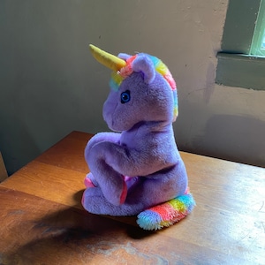 Fabulous Vintage Large Bright Purple and Rainbow Unicorn Plush Toy Circa 1970s LGBQT Pride Unicorn