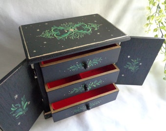upcycled vintage jewelry box, 3 drawer tabletop chest, witchy apothecary cabinet, hand painted moon box