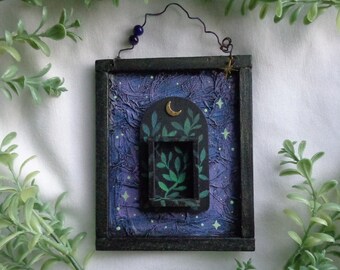 mini nicho wall hanging, small moon shelf wall altar, celestial wood nature art