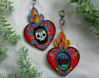 milagro heart ornaments, wood key chain, small wall art, sugar skull ornie