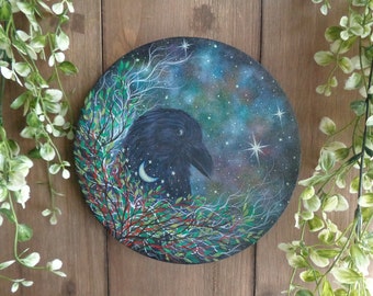 round canvas crow art, witchcraft decor, nature painting wall art, celestial crow painting