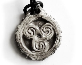 Unisex pendant, celtic/ triskele/triskell/triskelion handmade in silver bronze, black leather strap uNIQUE PIECE  men & women